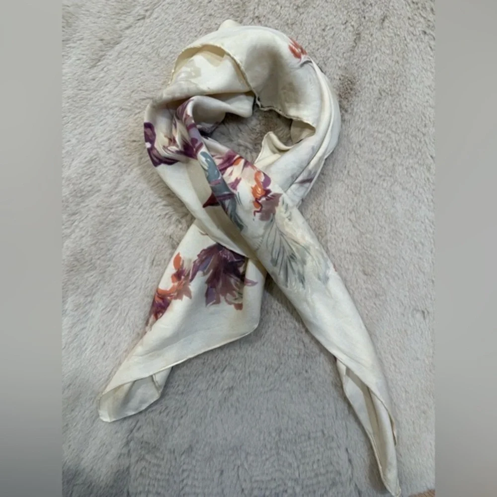 Floral Square Scarf Cream Sheer Lightweight Neck Head Scarf
